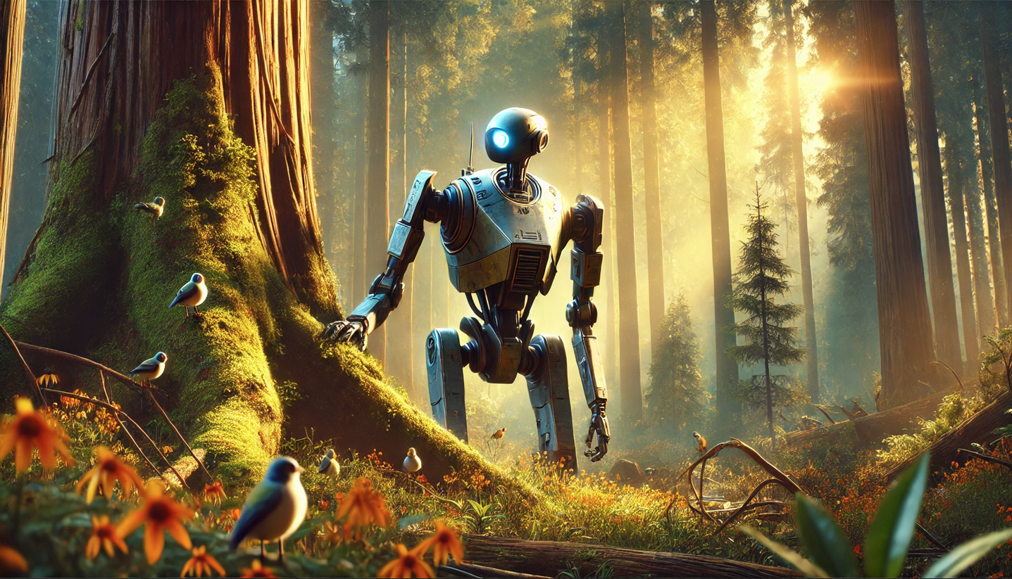 Imaginary robot human is lost in dense forest. Featuring beautiful small birds and fauna.