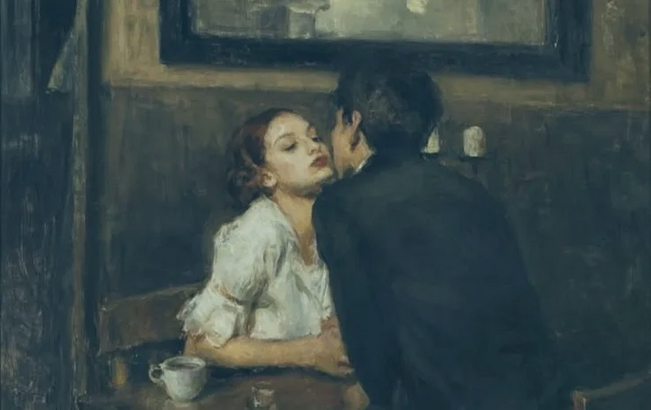 Victorian pub, blousy woman leans in for a kiss on the cheek